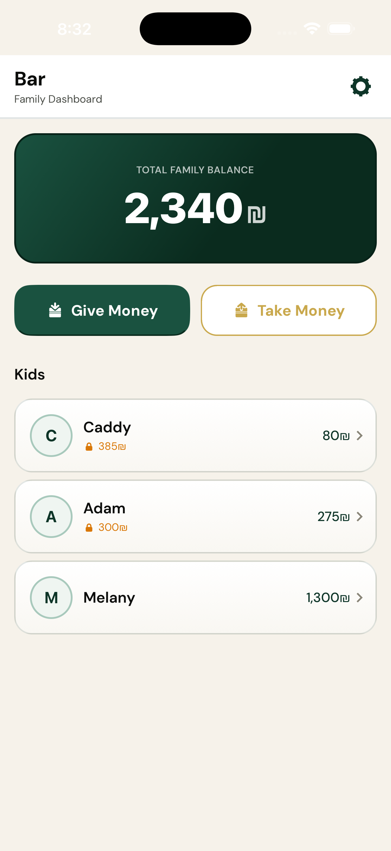 Parent dashboard showing family overview and children's balances